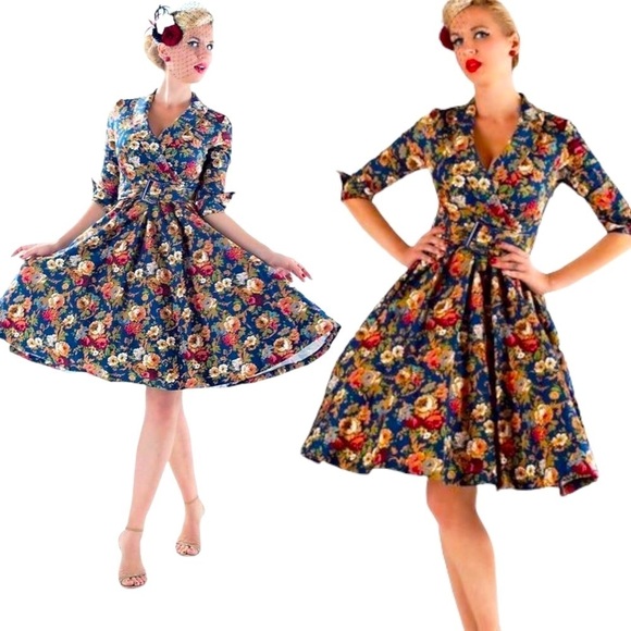 Lindy Bop 1950s retro pinup style inspired floral printed "Vivi"‎ dress Medium - Picture 1 of 13